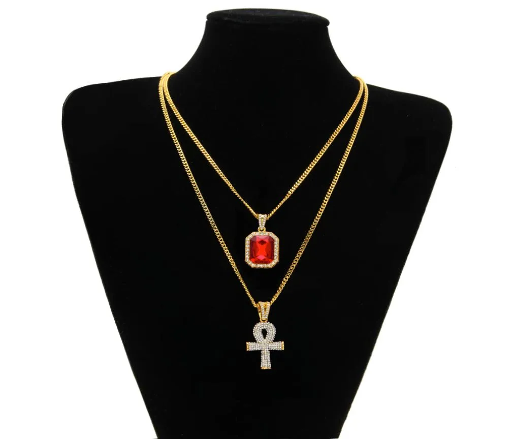 De strass vie égyptienne Bling Ankh clé avec pendentif rubis rouge ensemble de collier hommes Hip Hop bijoux IJYP5255190