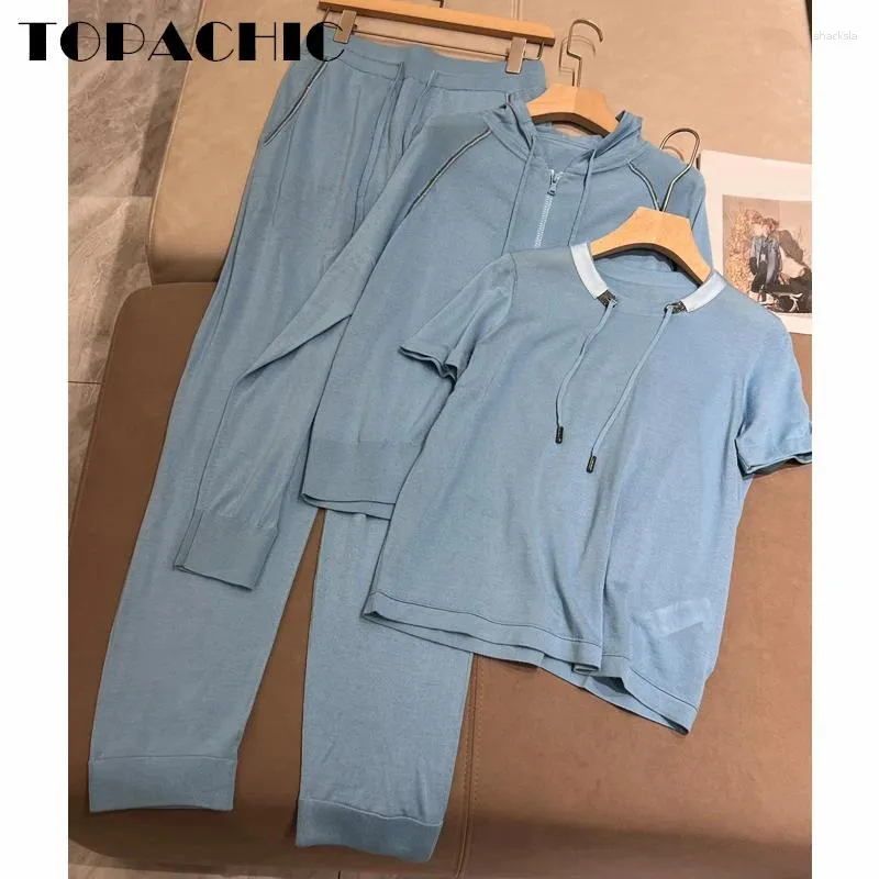 Pantalon de deux pièces pour femmes 1.20 Topachic Set Perles Chaines T-shirt en laine de laine mérinos à fermeture éclair à la fermeture éclair