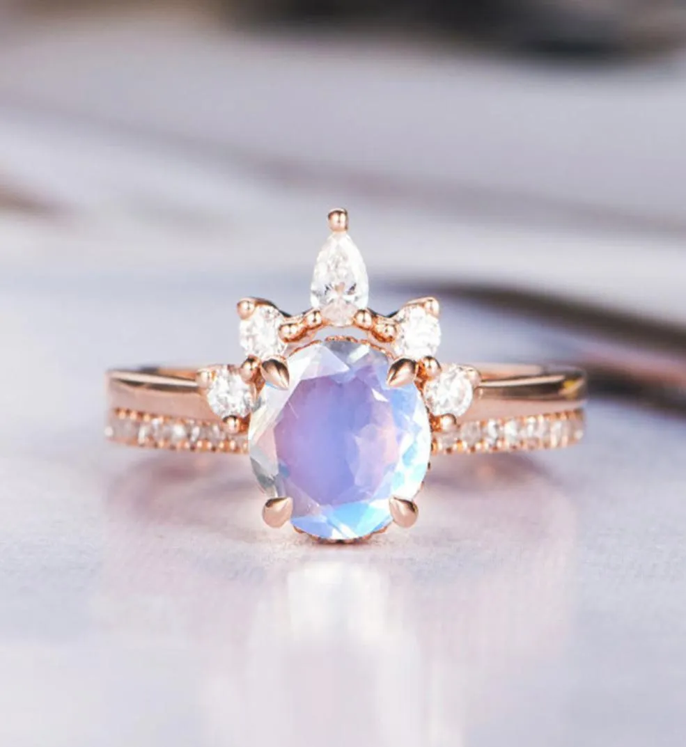 Moonstone Engagement Ring Rose Gold 925 Silver Eternity Bridal Set Antique Curved Half Halo CZ Stone Band Wedding Jewelry1235659