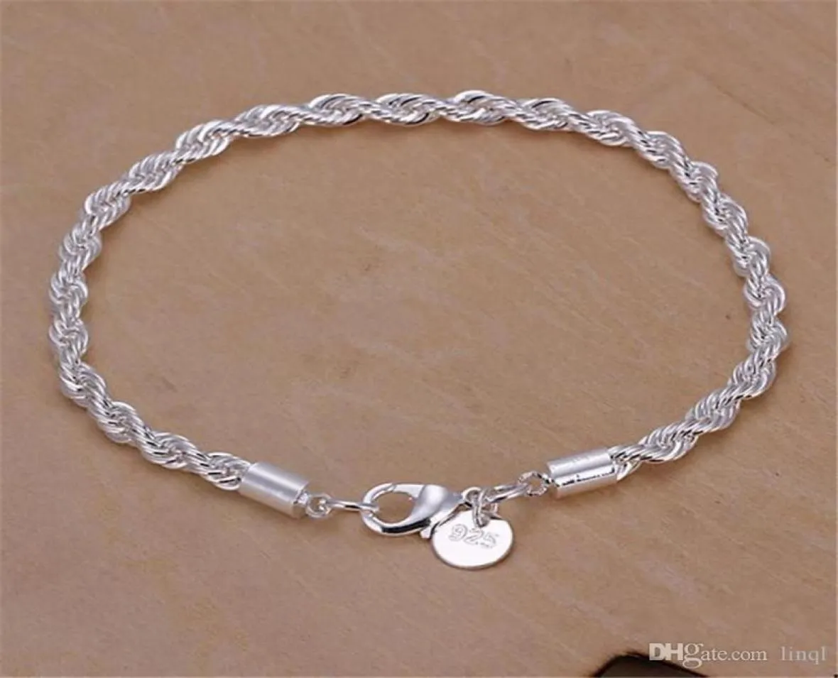 Mode 925 Zilveren Armbanden Sieraden 200mm4mm ed touw Ketting Vrouw Mannen Unisex Armbanden 1348248