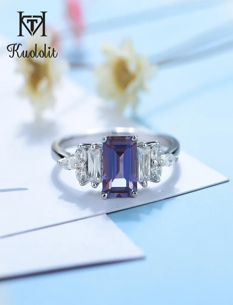 Kuololit 12ct Alexandrite Gemstone Ring for Women Solid925 Sterling Silver Ring Emerald Cut Lab Grown Stone for Engagement 10 T5664970