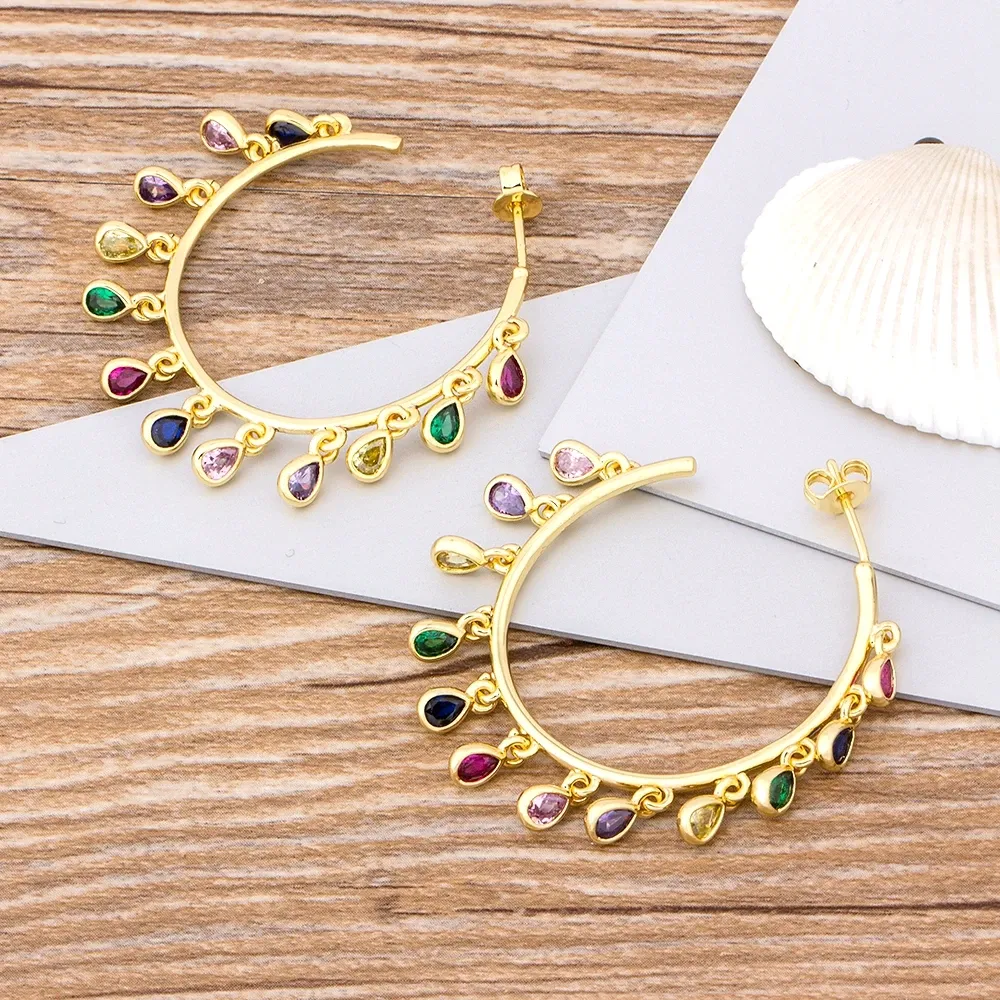 Big Hoop 14k Yellow Gold Large Circle Creole Earrings Classic Fashion Top Quality Rainbow Earrings Jewelry Gift