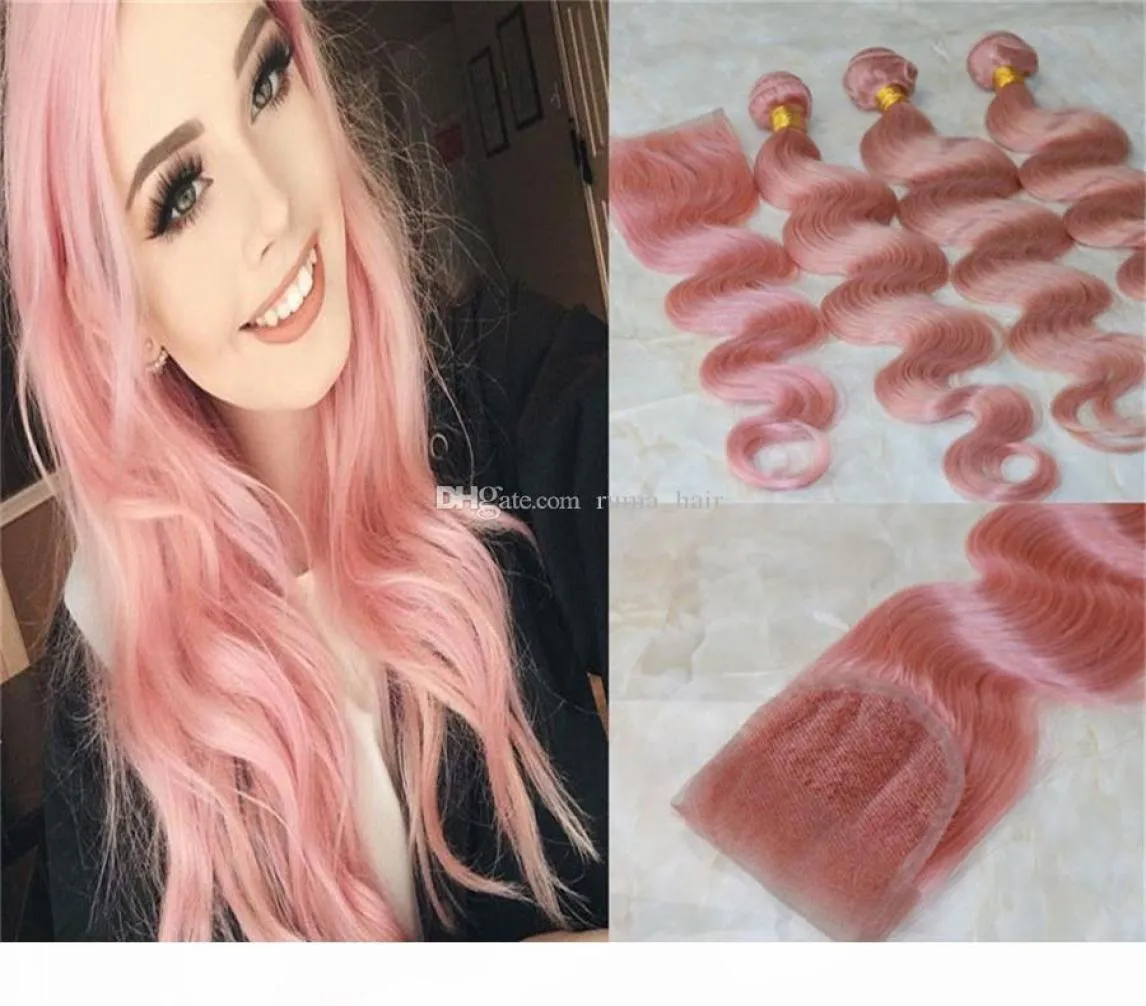 Paquets brésiliens de cheveux humains vierges de vague de corps avec fermeture en dentelle couleur rose bébé extensions de tissage de cheveux Remy non transformés or rose T3970109