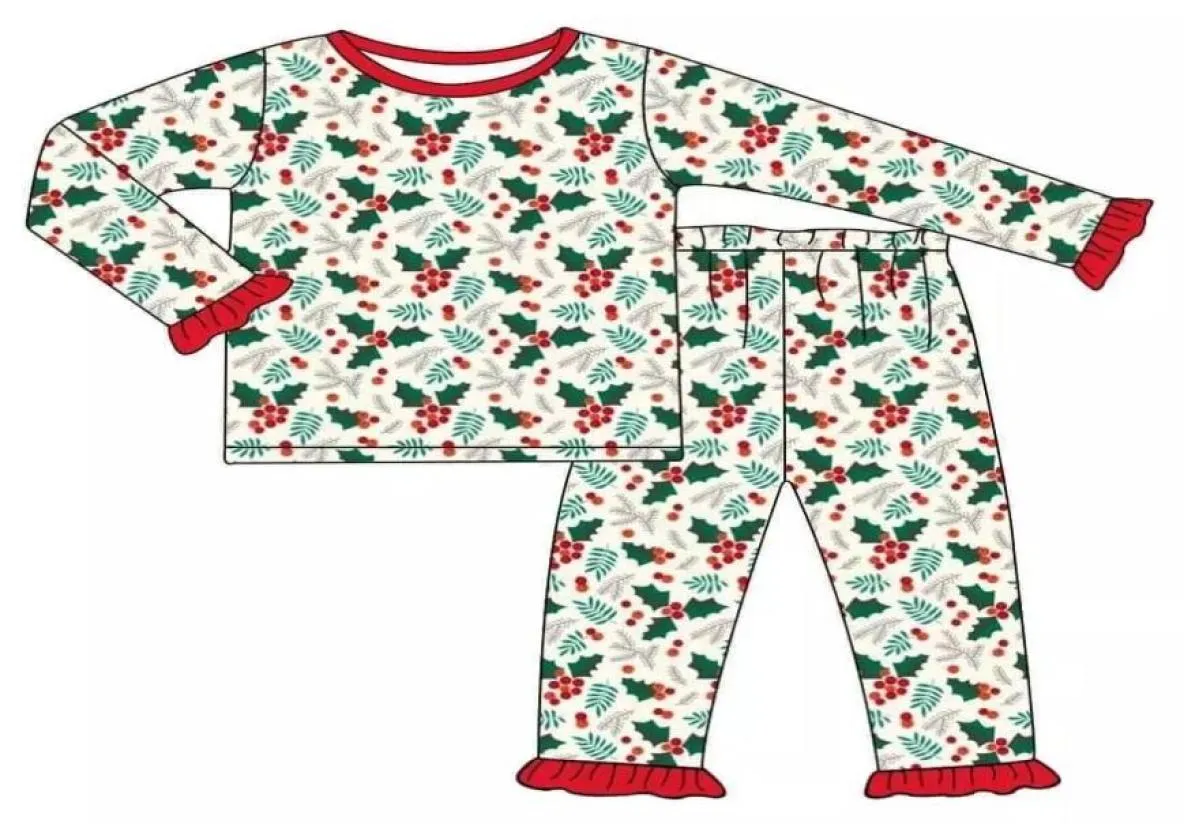 Ensemble de vêtements de noël pour bébé, haut imprimé de houx européen et pantalon assorti, costumes d'hiver et d'automne pour enfants, tenue 2045070