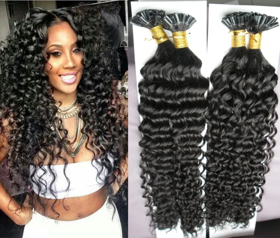 Brazilian curly Hair Keratin Stick Tip Hair Extensions 200S 200g Unprocessed U Tip Kinky Curly Brazilian Hair Extensions Keratin P9181165