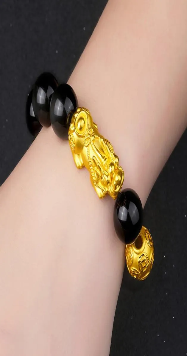 Schwarze Obsidianperlen Feng Shui Armband 3D vergoldet Reichtum Pixiu Armband Maskottchen Tierschmuck5713724