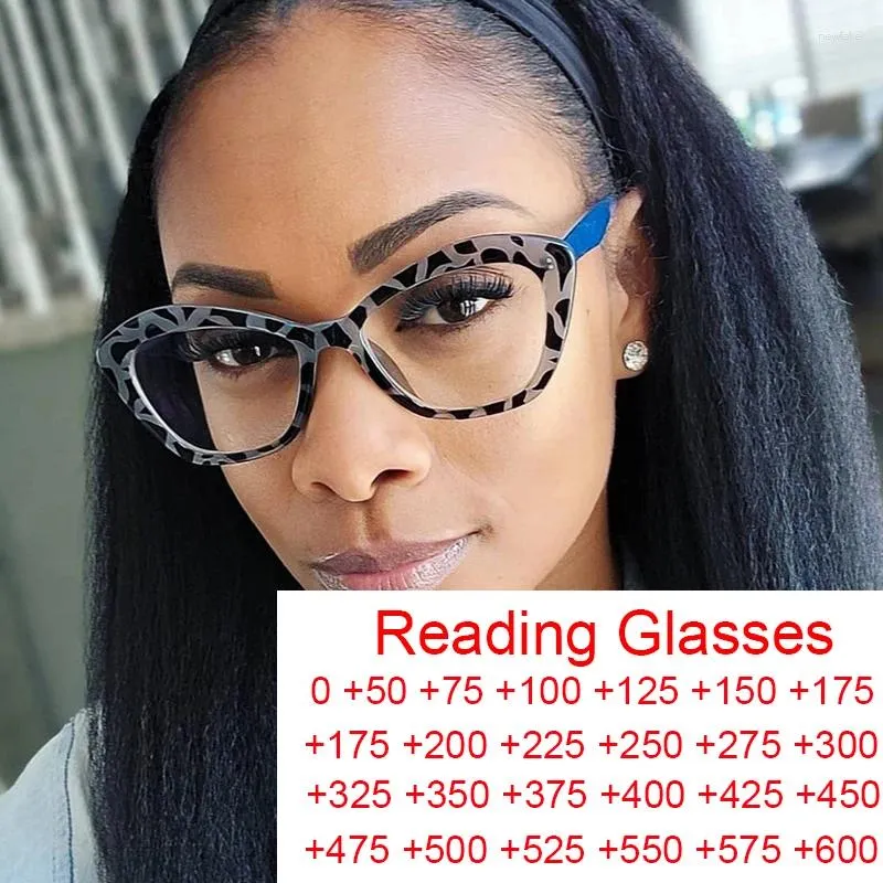 Solglasögon Polygon Cat Eye Reading Glasses Women 2024 Vintage Gelgassar Stor ram Datorskydd Leopard Blue