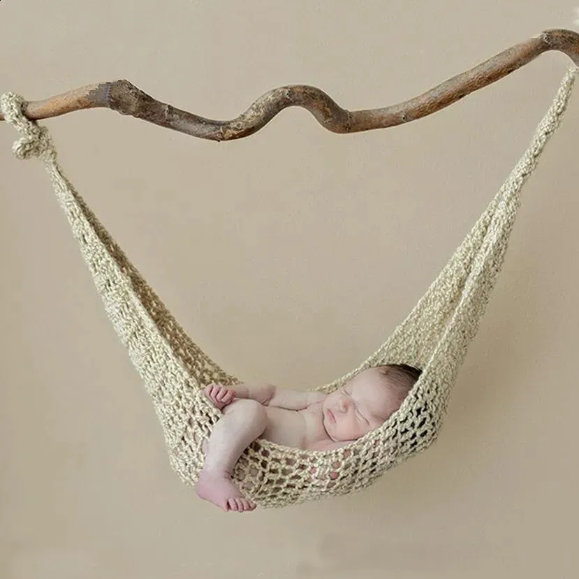 Born Pography Props Accessories Wool Handmade Knit Hook String Bag Studio Baby Po Props Crochet Hammock Fotografia 240117