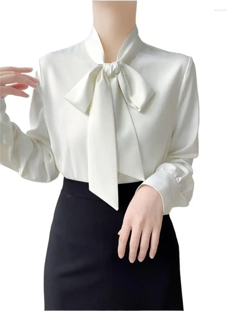 Women's Blouses M-7XL Formal Shirt White Elegant Chic Satin Smooth Women Long Sleeve Tops Spring Autumn Stand Neck Lace Up Silk