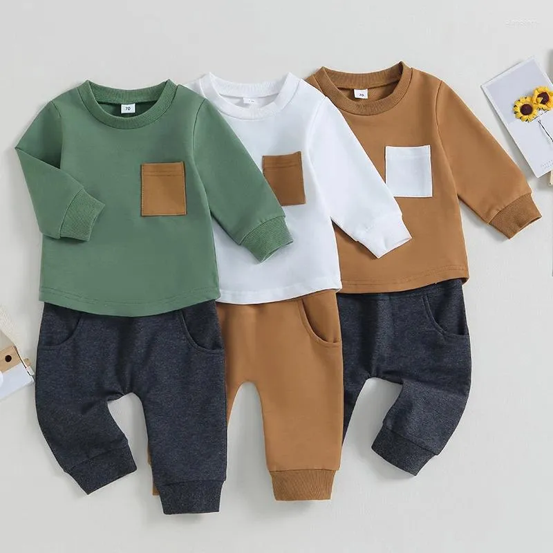 Kläder sätter mode Autumn Kids Boys Casual Pocket Long Sleeve Pullover Patchwork T-Shirts Drawstring Pants Tracksuits