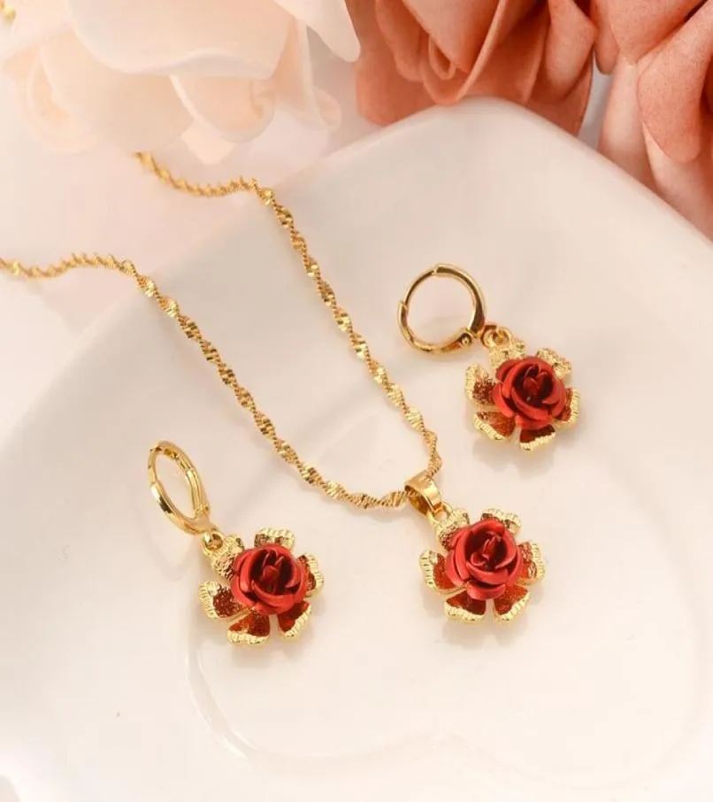 18 K Fine Gold Leaf Red Flower Brightoloured Women smycken Set Europe Wedding Gift Dubai Pendnatörhängen DIY Charms5991473