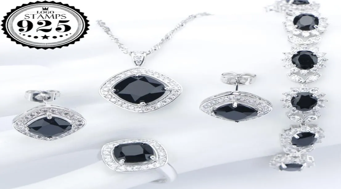 Costume de mariage en argent 925, ensembles de bijoux en Zircon noir pour femmes, Bracelets, boucles d'oreilles, bagues, pendentif, collier, ensemble de bijoux, boîte cadeau 9722447