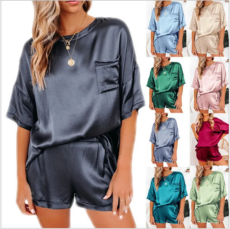 Calças femininas de duas peças verde cetim seda mulheres conjuntos bolsos camisetas cintura elástica shorts terno pijama primavera verão 2 conjunto homewear g2598 230222