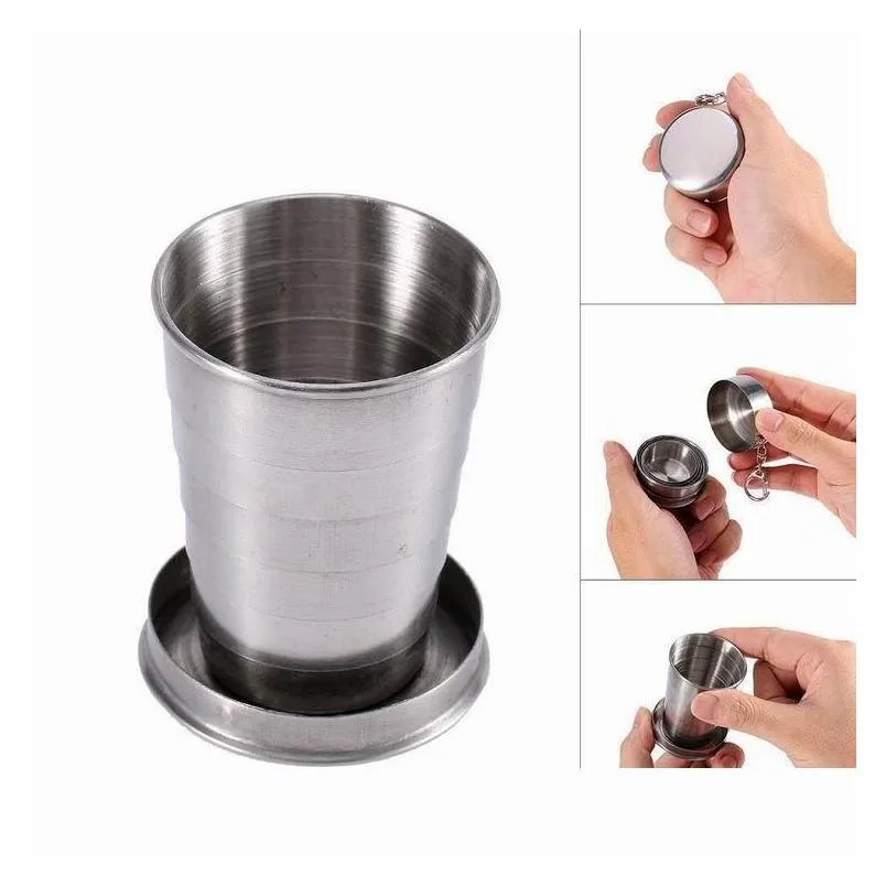 Copos pires 20 pcs aço inoxidável portátil copo de vinho ao ar livre viagem cam dobrável dobrável metal telescópico chaveiro 75ml 140ml 2 dh7qe