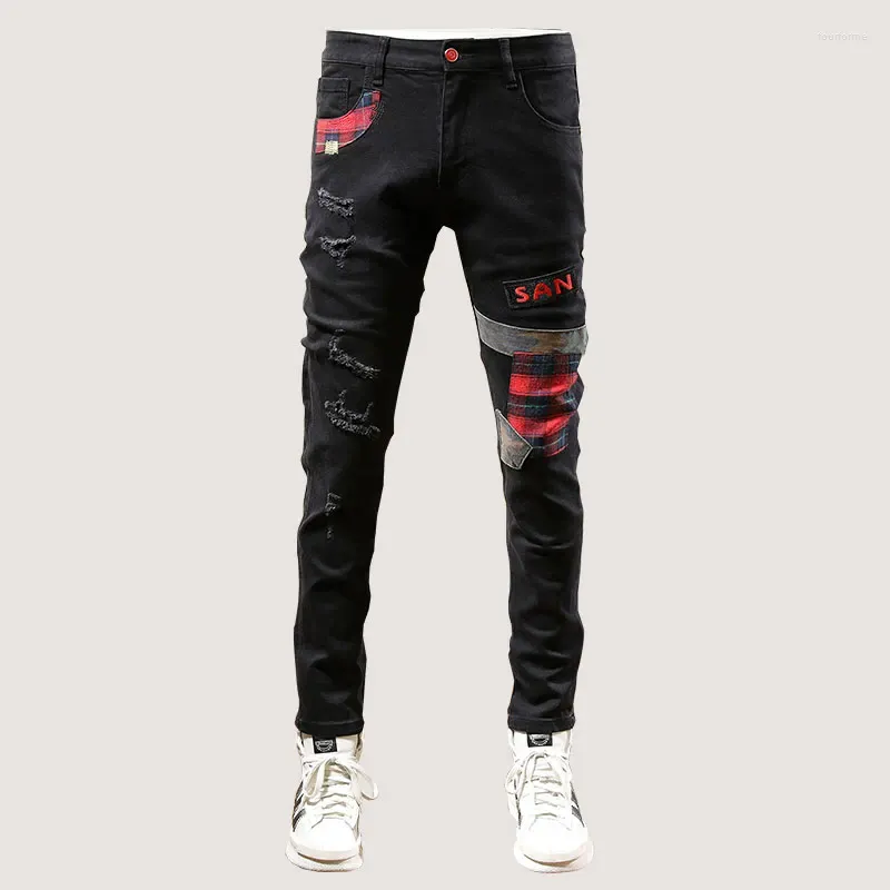 Jeans pour hommes Mode Streetwear Hommes Noir Couleur Élastique Slim Fit Ripped Patch Designer Hip Hop Denim Crayon Pantalon Hombre