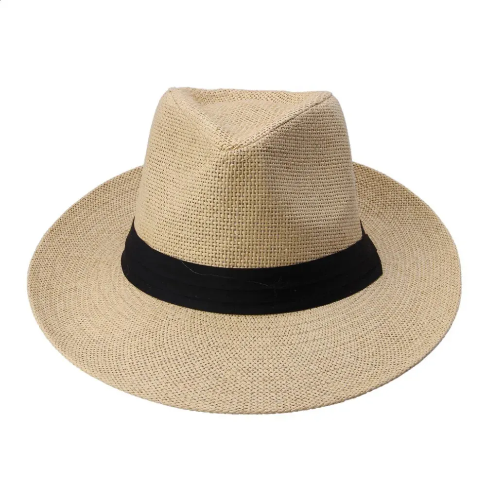 Moda letnie unisex plażowa trilby duża brzeg Jazz Sun Hat Panama Paper Słomka Kobiety Czapka z czarną wstążką 240130