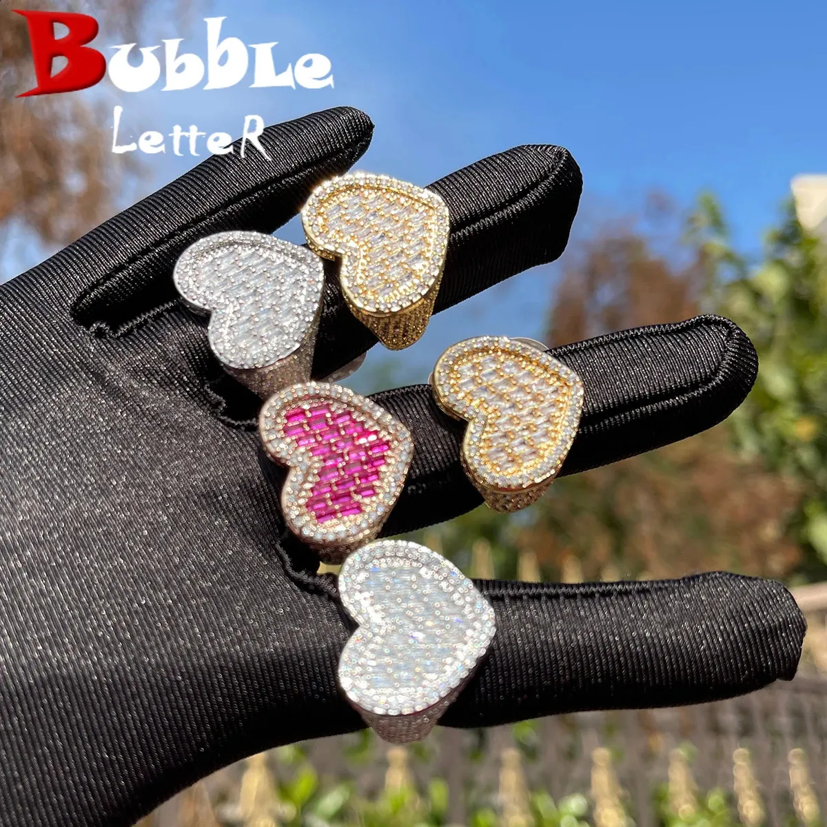 Blasen-Buchstaben-Baguette-Herz-Ring für Frauen, rosa Steine, glänzende Mädchen, rosévergoldeter Hip-Hop-Schmuck 240122