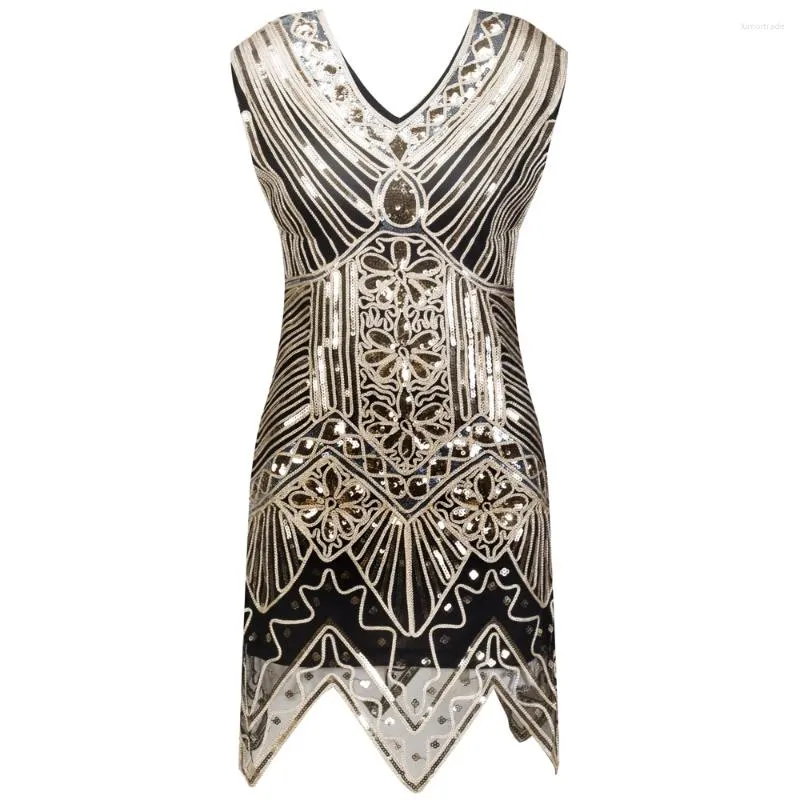 Lässige Kleider 1920er Jahre Vintage Flapper Kleid Great Gatsby V-Ausschnitt ärmellos Paillettenfaden Mini Party Frauen Stickerei