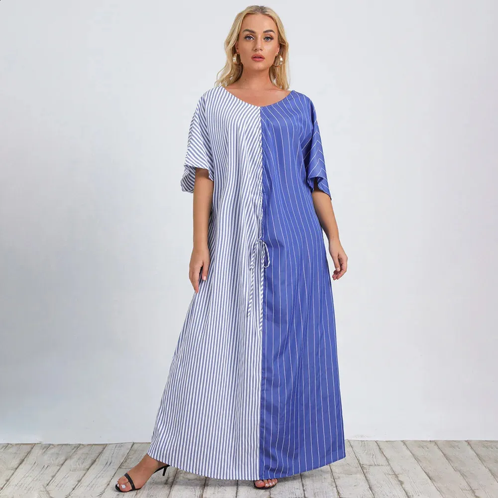 Blue White Striped Long Elegant Dress Temperament Commuter Round Neck Women