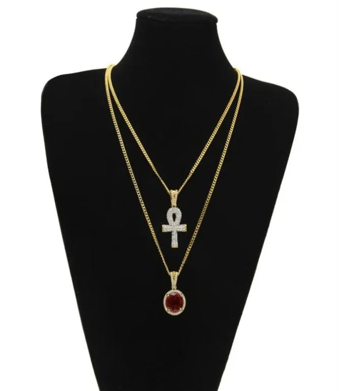 Hip Hop Egyptische Ankh Sleutel van Leven kettingen Sets Voor Heren vrouwen Ronde Ruby Iced out Goud Zilver hanger Cubaanse kettingen Jewelry238r7918670