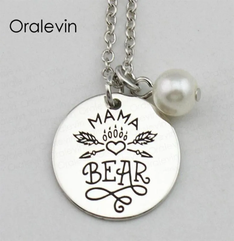 Fai da te MAMA BEAR Inspirational Collana con ciondolo con ciondolo inciso a mano timbrato con incisione in metallo Gioielli in argento colore 18 pollici 22 mm 10 pezzi / lotto 5469497