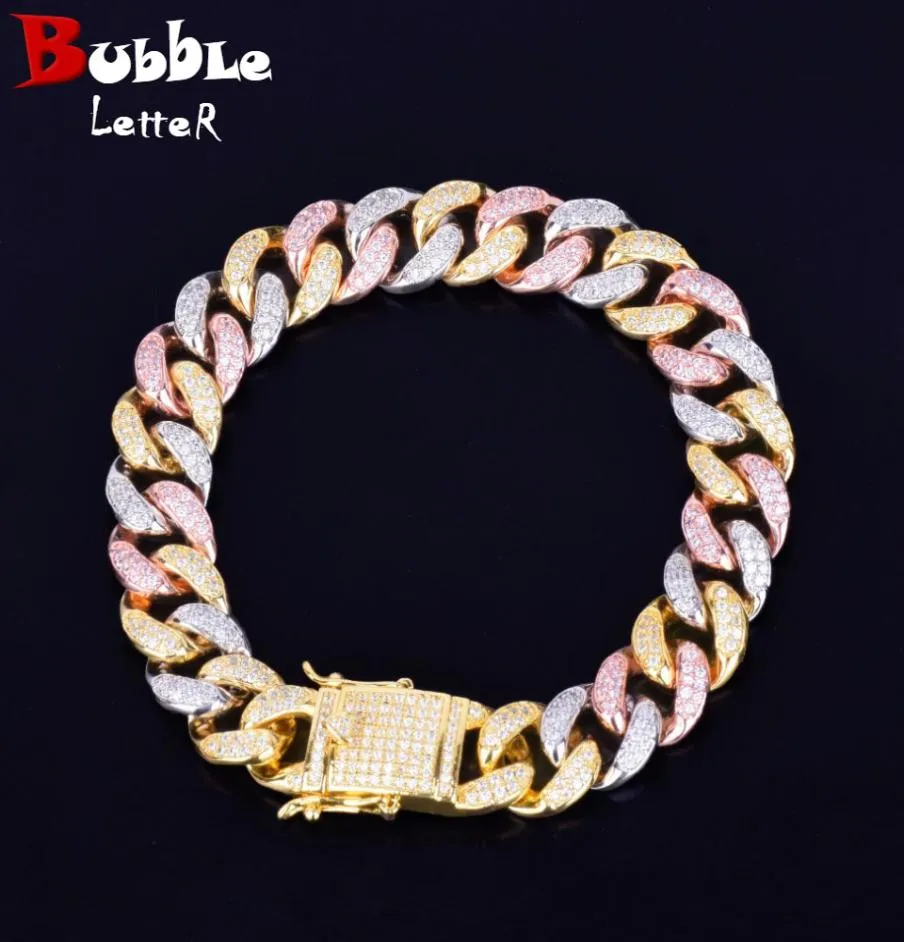 Bracelet chaîne cubaine en Zircon de couleurs mélangées, 12MM, matériau en cuivre, mode Hip Hop Rock Street, breloques, bijoux 5237817