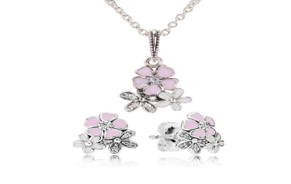 Authentique 925 argent Sterling rose émail fleur pendentif collier boucle d'oreille ensemble avec boîte pour bijoux femmes boucles d'oreilles 4162272