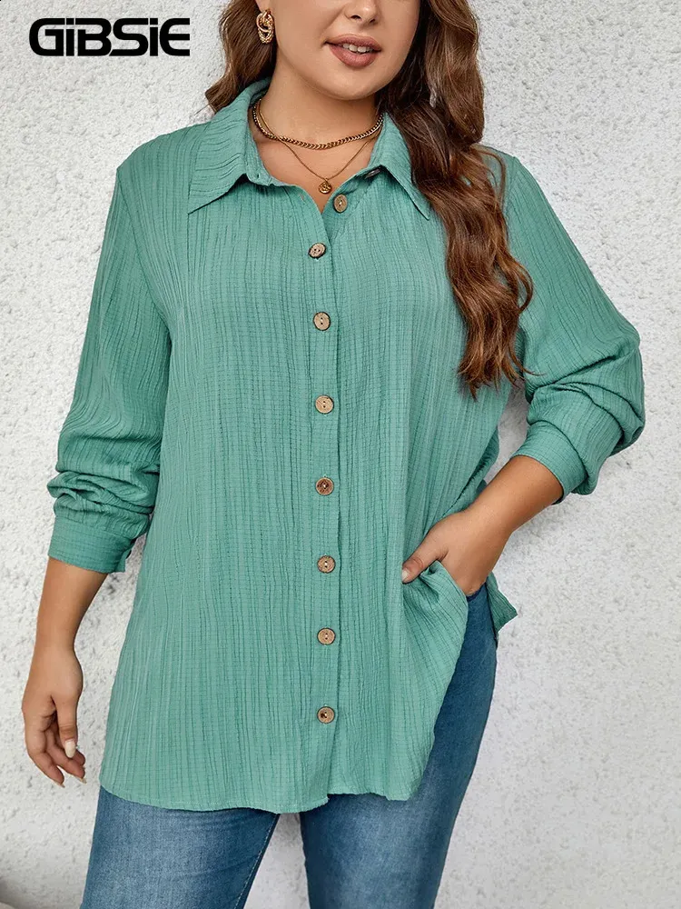 GIBSIE, camisa informal de talla grande con botones lisos para mujer, blusas holgadas de manga larga con cuello para primavera y otoño para oficina, Tops con abertura 240130