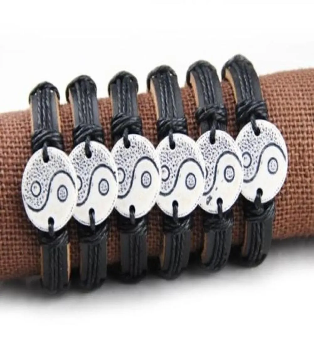 Whole 12pcsLOT Imitation Yak Bone Carved Tai Chi Yin Yang Pendants Leather Bracelets Wrap Hemp Bangle Lucky Gift MB11986695094883339