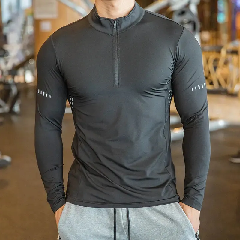 Быстросохнущая дышащая рубашка для бега, мужская спортивная футболка для бодибилдинга с длинным рукавом на молнии и воротник-стойка, футболка для тренажерного зала и фитнеса 240123