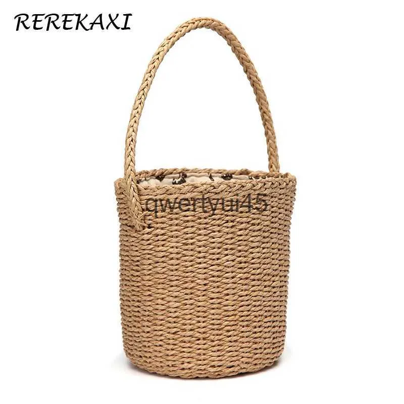 Totes Round Bucket Womens andbag Summer Weave Beac Bag Boemia andmade String Straw Bags Female Knied Cylinder Top-andle ToteH24218