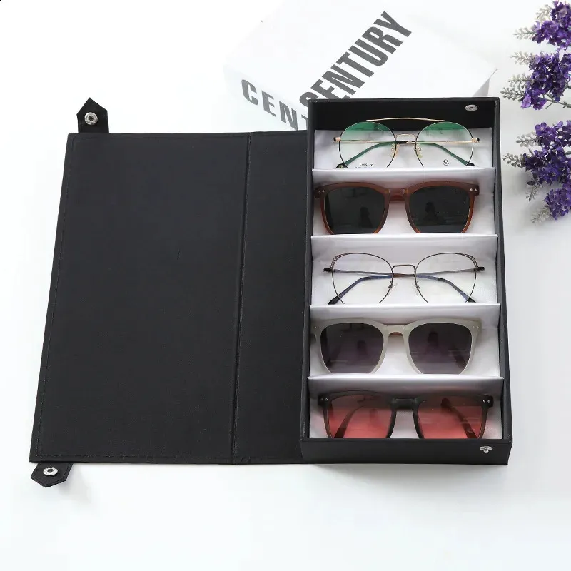 Portable Glasses Organizer 5 Grids Multi-slot Sunglasses Storage Display Rack Travel PU Leather Eyeglasses Case Box Home Storage 240119