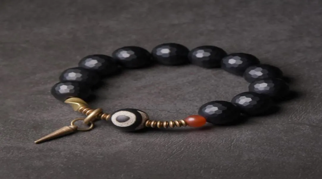 Pulsera de obsidiana negra con hebra de 10 mm con cuentas tibetanas mixtas Joyería de oración curativa Zen de cobre procesada vintage para hombres y mujeres2982755687