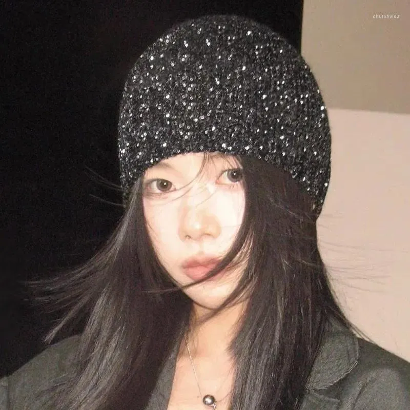 ベレット韓国スタイル光沢のある冷たいクールなストリートニット帽子秋の冬の女の子キラキラキニットファッションバッグヘッドビーニー
