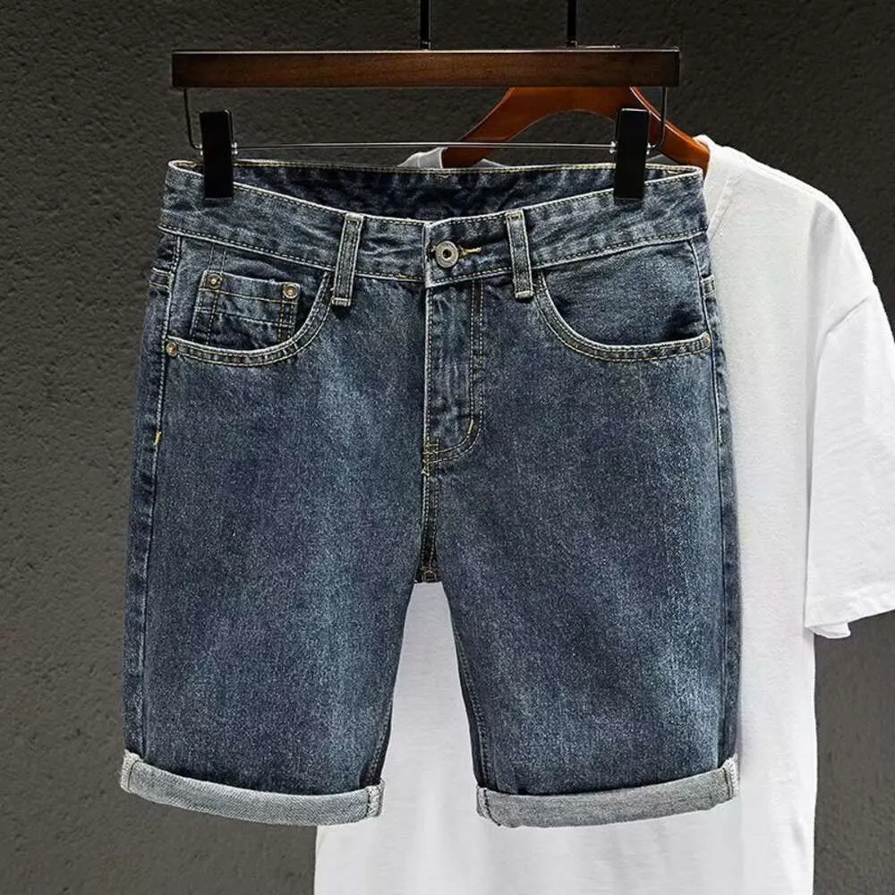 Pantaloncini di jeans a gamba dritta blu scuro estivi coreani giapponesi per il tempo libero per pantaloncini da ragazzo slim fit e senza proiettile da uomo