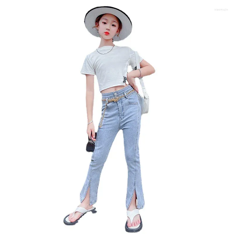 Clothing Sets Girls Garment Short Sleeve T-shirt High Waist Jeans 2pcs Summer Split Boot Cut Pants Outfits Childrens Cacksuit