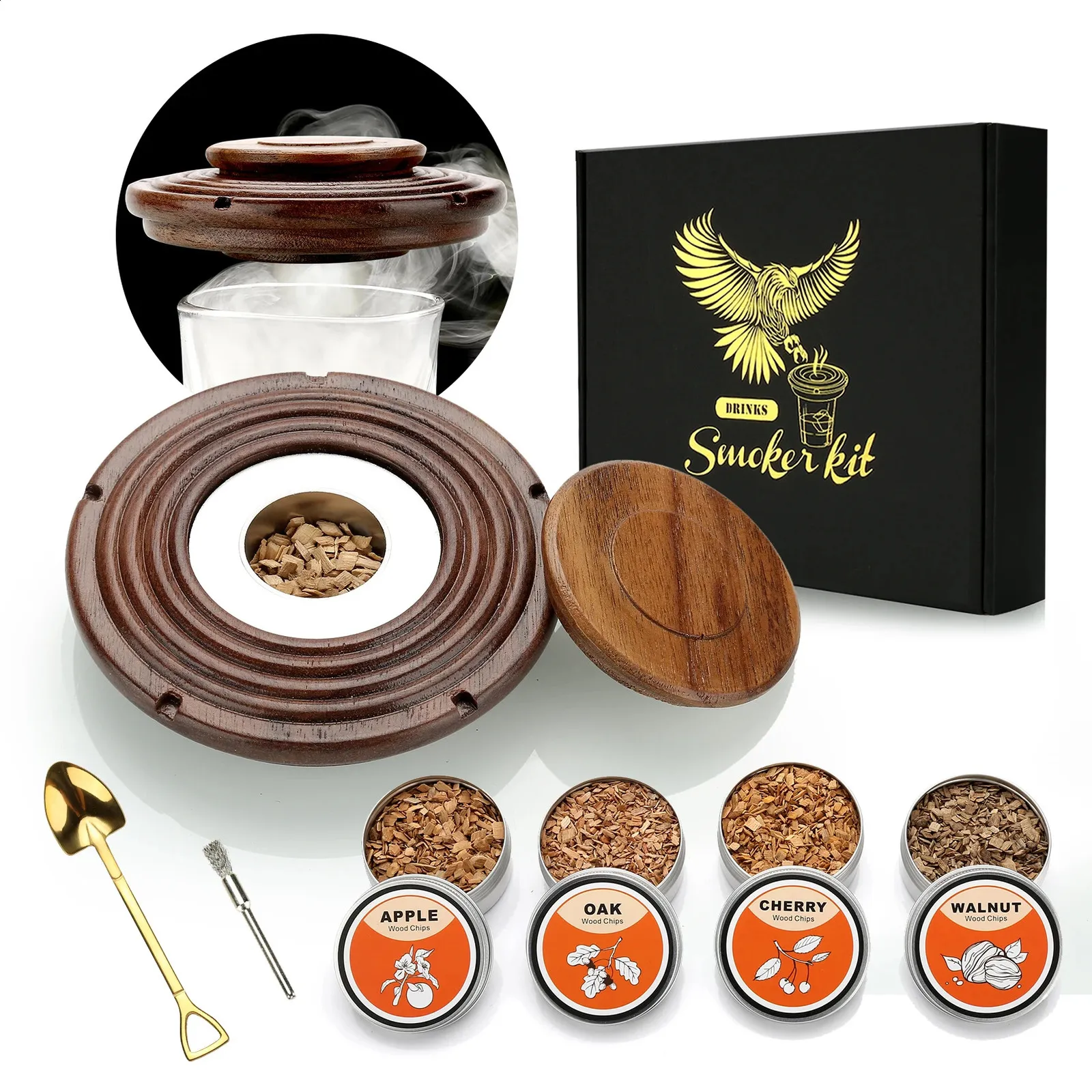 Cocktailrökare Kitssmoking Set med 4 trä chipsold utformad whisky rökare dricker kitcocktail accessoarer för whiskebedrink 240130