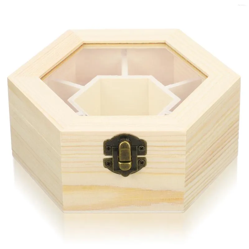 JAGITYKI BIDYBLICE Naturalne drewniane drewniane biżuteria pudełko do przechowywania ze szklaną pokrywką i sześciokąta Kolekcja klatki piersiowej