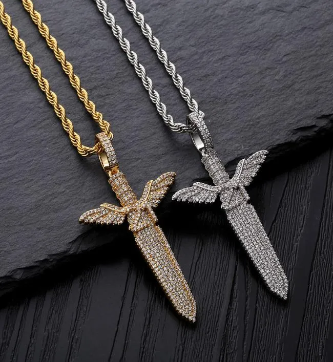 Hip Hop Micro Paled Cubic Zirconia Iced Out Bling 21 Savage Sword Pendants Necklace For Men Rapper Jewelry Gold Silver Color4827472