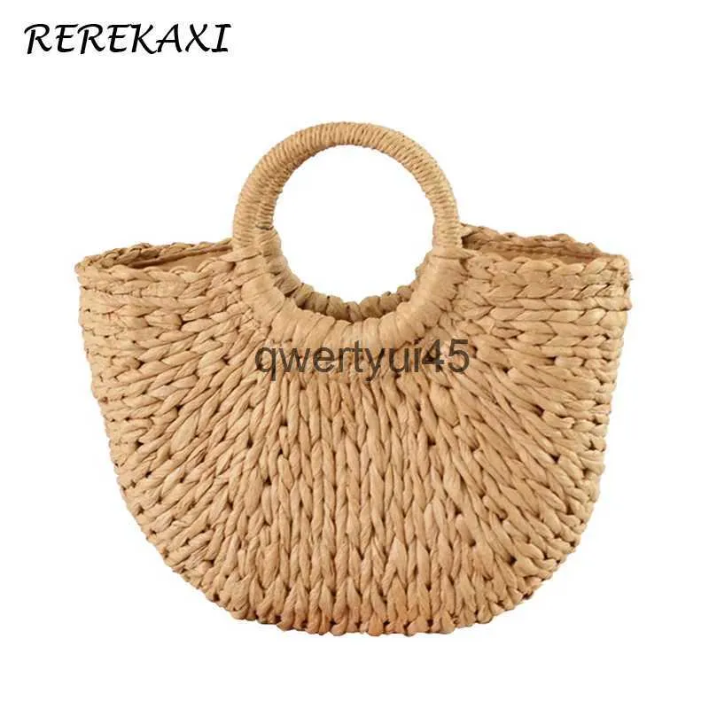 Totes New andmade Semicircle Women andbag Summer Woven Beac Bag Female Boemia Straw Fasion Knied Top-andle Vacation ToteH24218