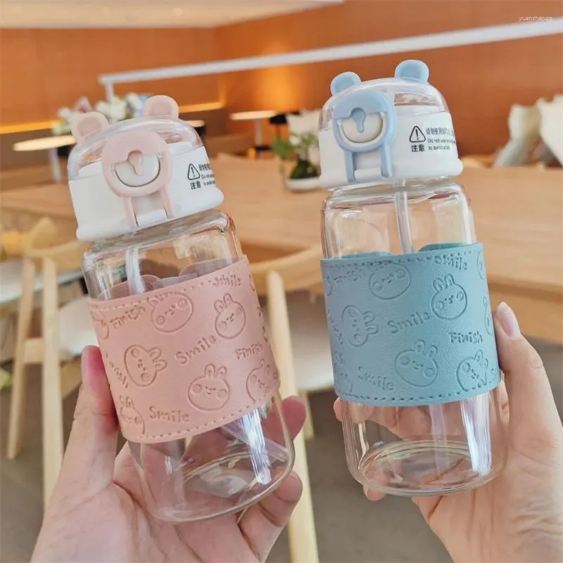 Water Bottles Cute Bear Straw Cup Portable Anti-scalding With Leather Cover Gift Fresh And Simple Glass Couple