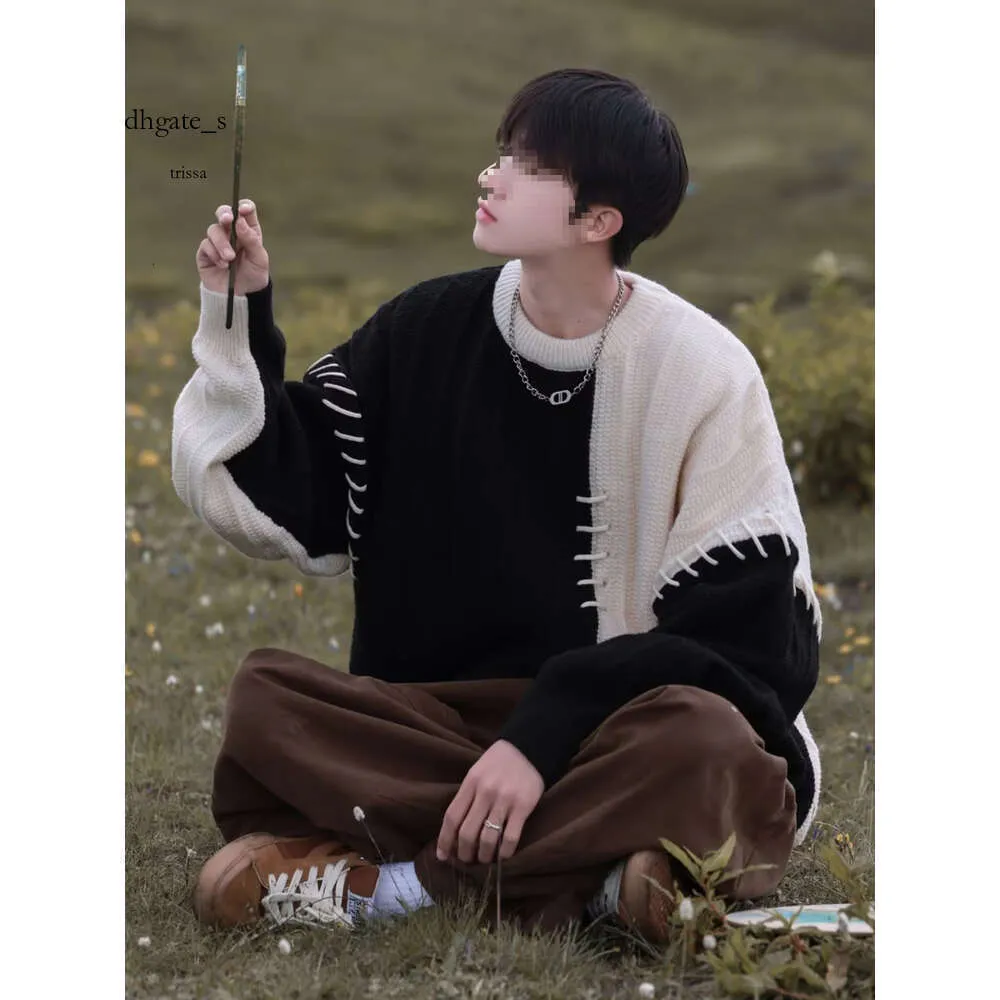 Spliced Contrasting Color for Boys, Autumn Winter Trendy Brand, Loose and Casual with A Lazy Design Sense, Niche Pullover Sweater