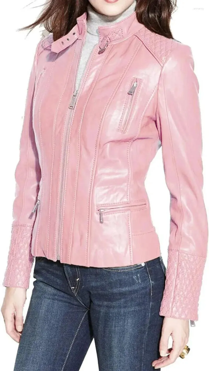 Veste en cuir d'agneau pour femme, manteau pour femme, mode moto, coupe cintrée, Trench rose