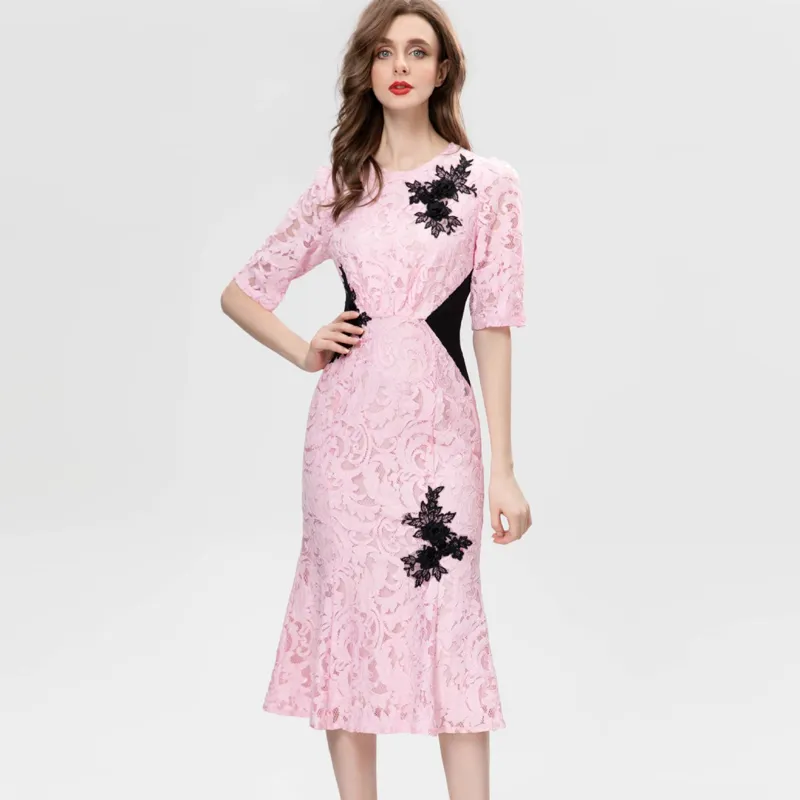 Elegant Womens Runway Dress Designer O Neck, Short Sleeve