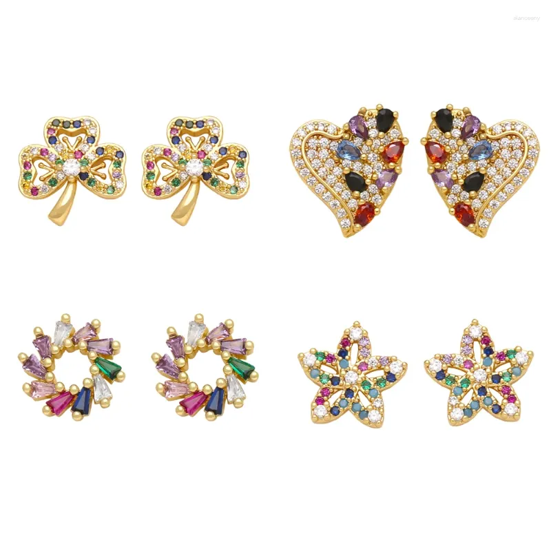 Studörhängen Flola Tiny Multicolor Crystal Heart for Women Copper Gold Plated Clover Ear Studs Rainbow Smyckesgåvor Erst18