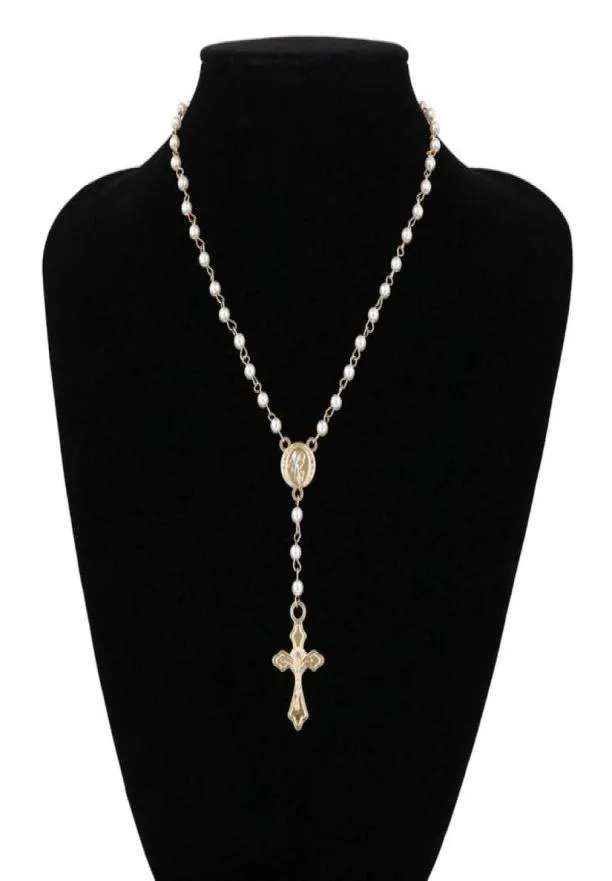 Collana con perline di rosario cattolico Collana da donna Gioielli religiosi Catena in oro Lin Multistrato Girocollo Collane con pendente a forma di vite58855742063288