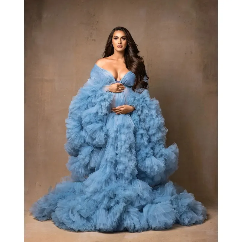 Puffy ruffled Tulle Maternity Dress Women Robes For Photoshoot Fluffy Pregnancy Dressing Front Split Babyshower klänningar