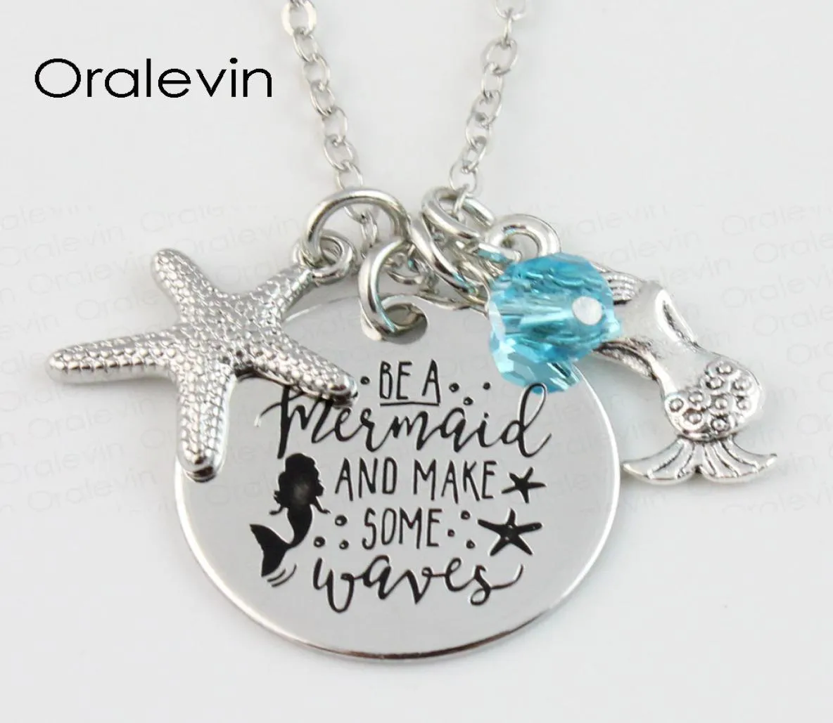 Whole BE A MERMAID AND MAKE SOME WAVES Engraved Disc Mermaid Pendant Charms Necklace Lover Gift Jewelry22MM 10PcsLotLN1091766863