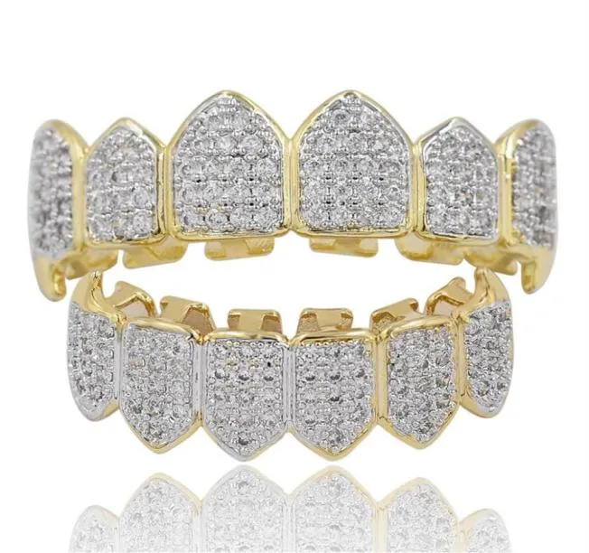 Dientes de moda grillz Parrillas dentales chapadas en oro real CZ Micro pavimentado Hiphop Dientes Grillz TopBottom Grill Hip Hop Bling Joyería de los hombres 7698228