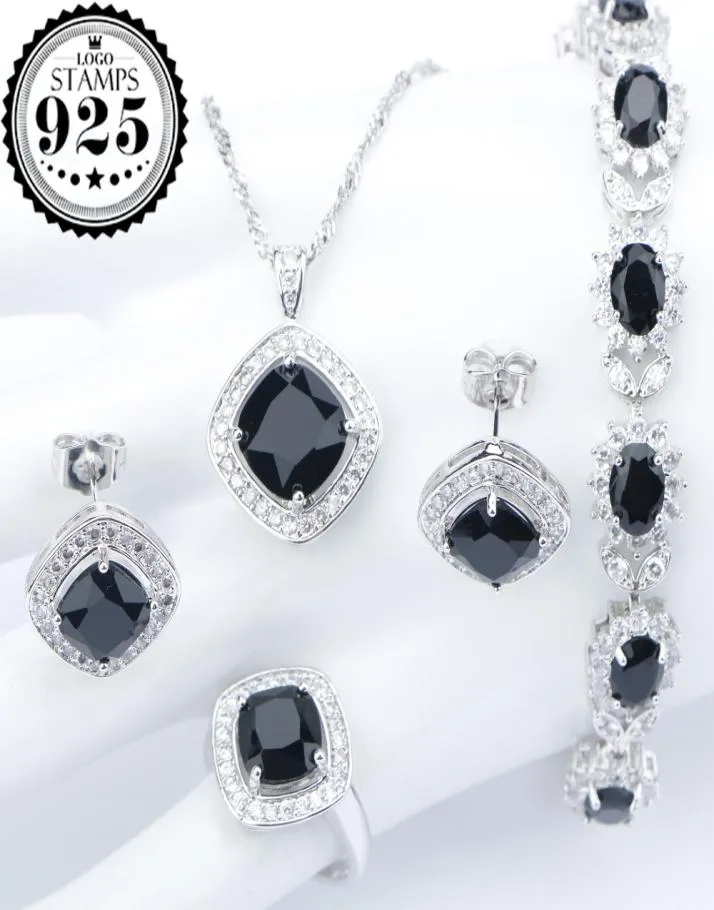 Argent 925 Costume de mariage noir Zircon ensembles de bijoux pour femmes Bracelets boucles d'oreilles anneaux pendentif collier ensemble bijoux cadeau Box3459326